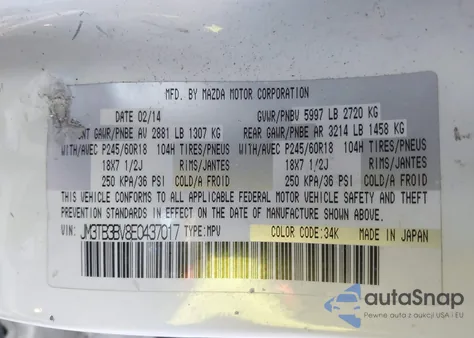 2014 Mazda Cx-9 Sport z USA, uszkodzony, nr VIN JM3TB3BV8E0437017